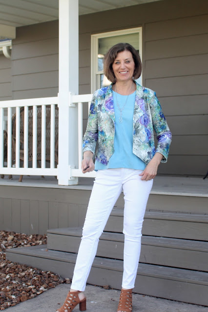 Grainline Studio's Morris Blazer made with Style Maker Fabrics' Watercolor Crepe Knit with Hadley top in blue modal shirting