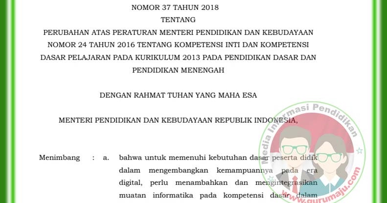 Permendikbud no 37 tahun 2018 untuk sd