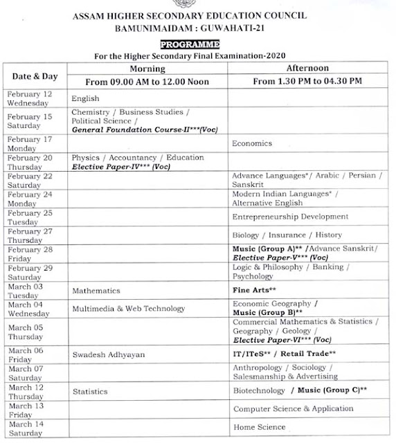 Assam HS Final Year 12th Class Exam Time Table 2020 EdNewz in assam-hs-final-year-12th-class-exam-time-table-2020-ednewz-in