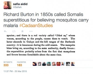 The mosquito bites bring on, according to the same authority, deadly fevers; the superstition probably arises from the fact that mosquitoes and fevers become formidable about the same time. Richard Burton, 1850s, on Somalian folk beliefs The mosquito bites bring on, according to the same authority, deadly fevers; the superstition probably arises from the fact that mosquitoes and fevers become formidable about the same time. Richard Burton, 1850s, on Somalian folk beliefs