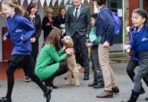 Kate Middleton wore Eponine London green dress, L.K. Bennett Marissa boots, KIKI McDonough Lauren earrings