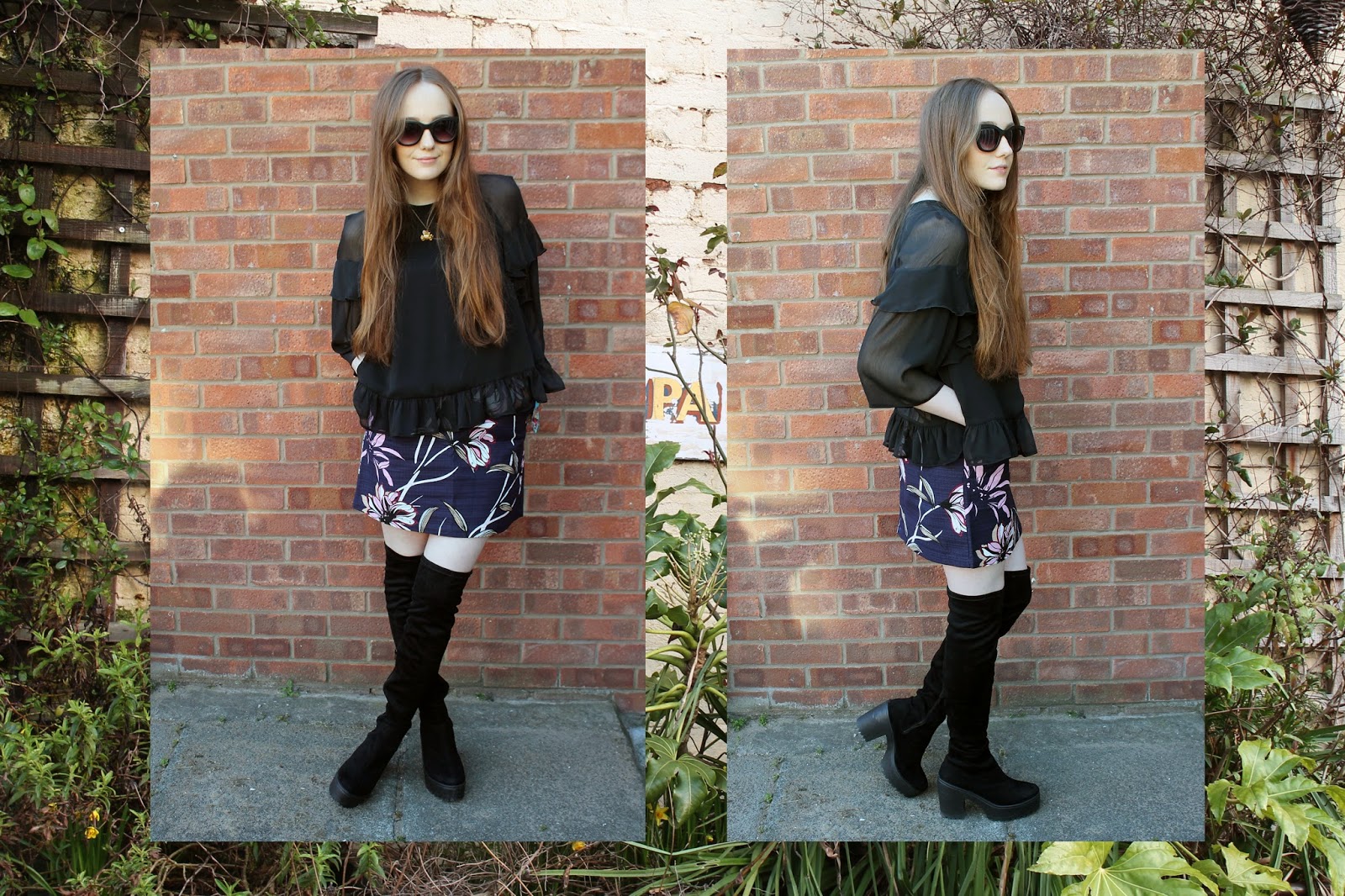 warehouse urban garden party outfit ootd featuring black sheer ruffle blouse, floral a line skirt and suede over the knee boots