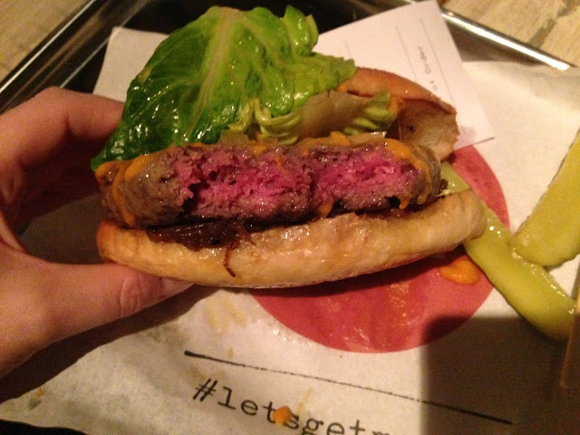 Rare cooked burger at Nosh & Quaff 