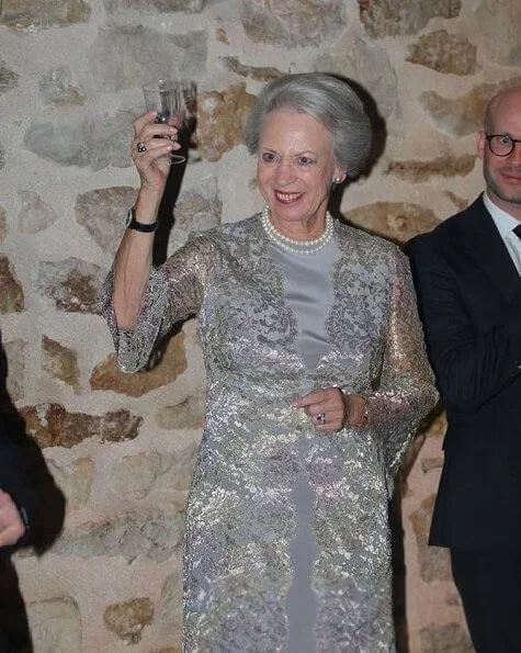 Princess Benedikte is patron of WBFSH. Elie Saab grey embroidered sequin silk gown and carried Bottega Veneta knot clutch