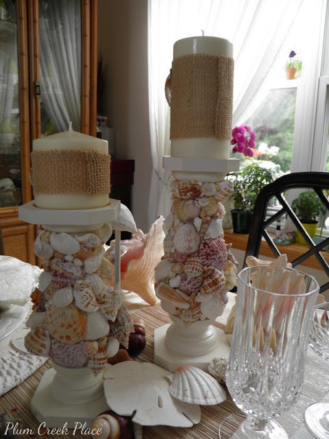 Plum Creek Place - Seashells and Roses Coastal Tablescape - DIY Shell Encrusted Candle Holders 