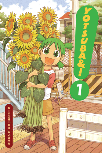 Cover of Yotsuba Volume One, featuring a small, green-haired girl clutching an enormous bouquet of sunflowers. The flowers are taller than she is.