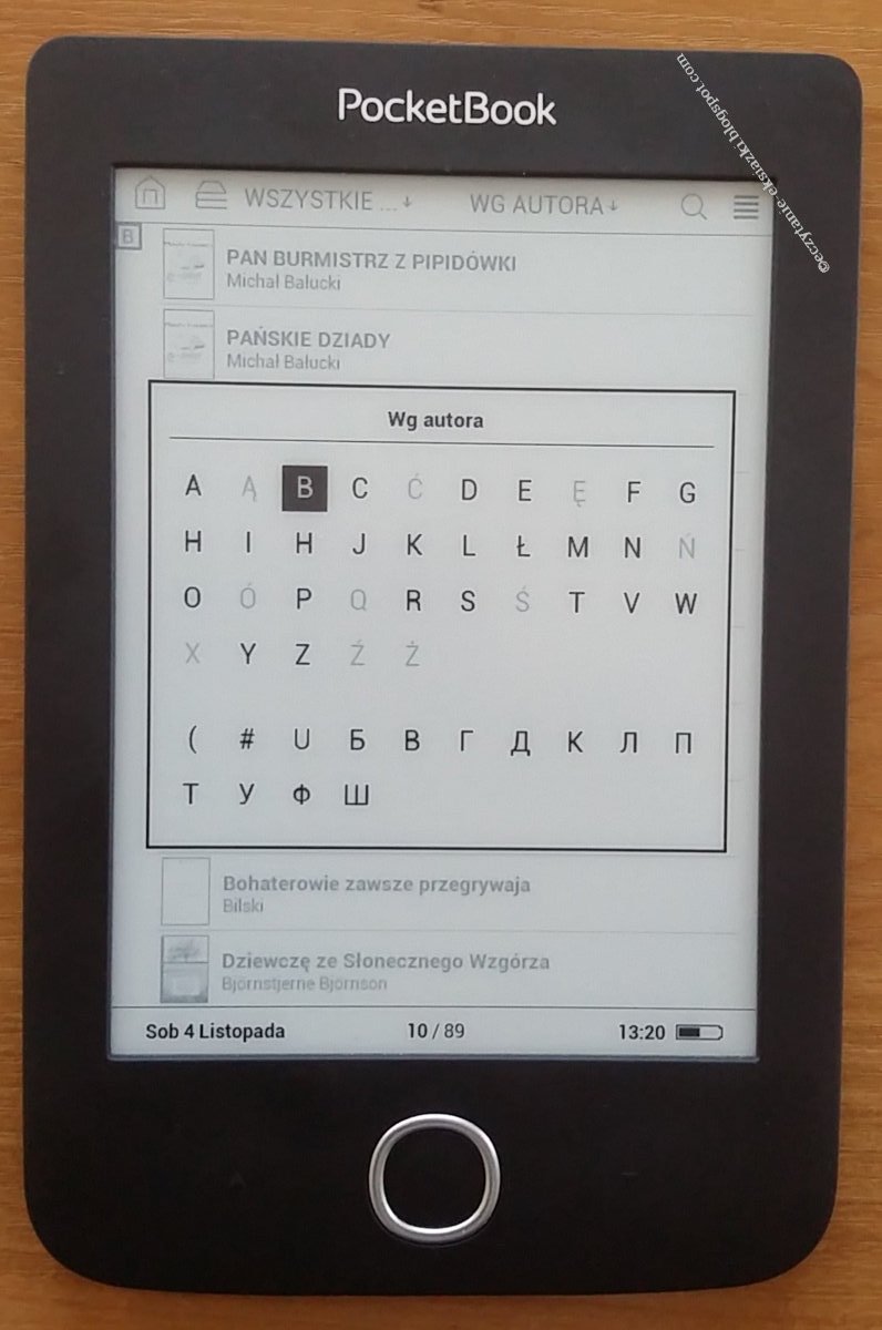 Wybór pierwszej litery nazwiska autora w PocketBook Basic 3