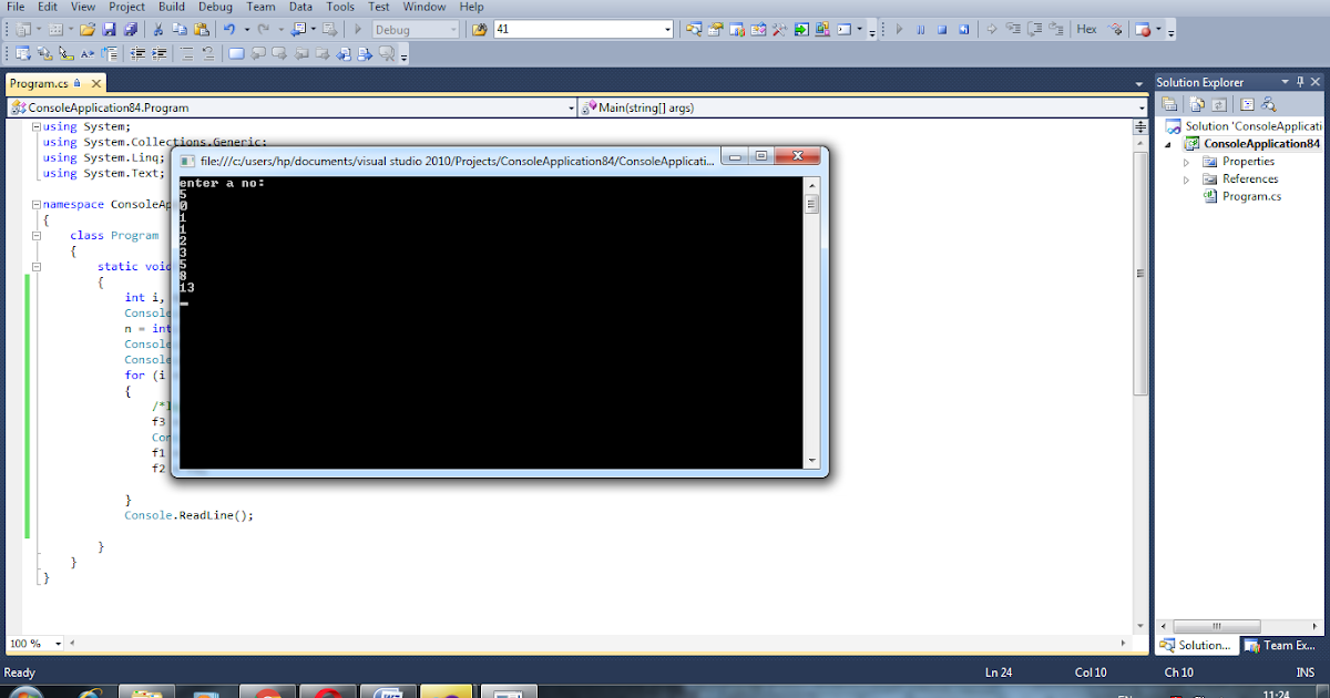 all dotnet programs: fibonacci series program in c# using for loop