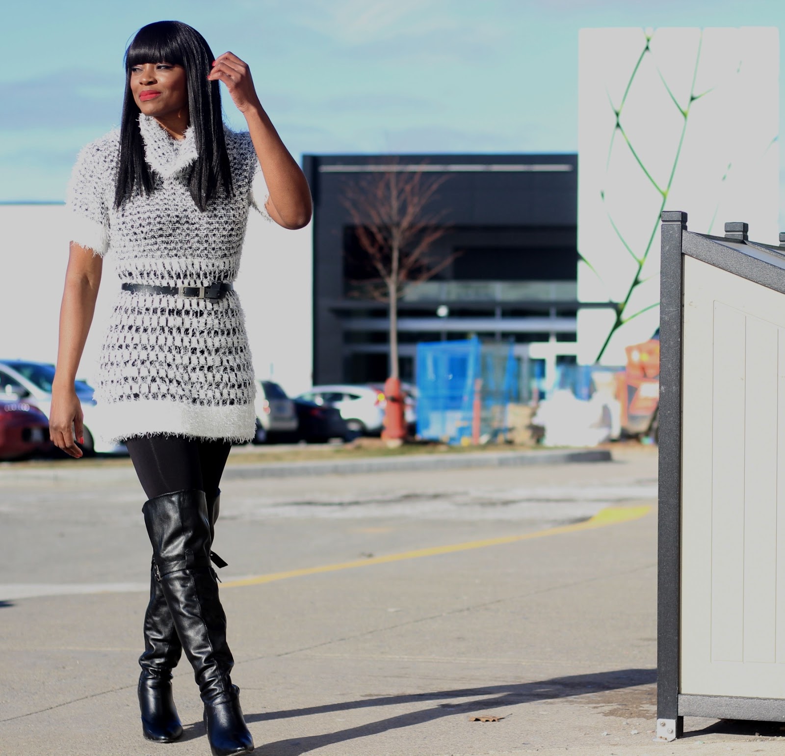 what to wear in winter from day to night in winter: sweater dress + leggings + over-the-knee boots