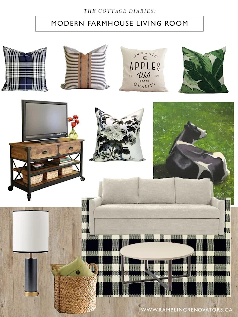 modern farmhouse living room | plaid ticking stripe | black white green | Ramblingrenovators.ca