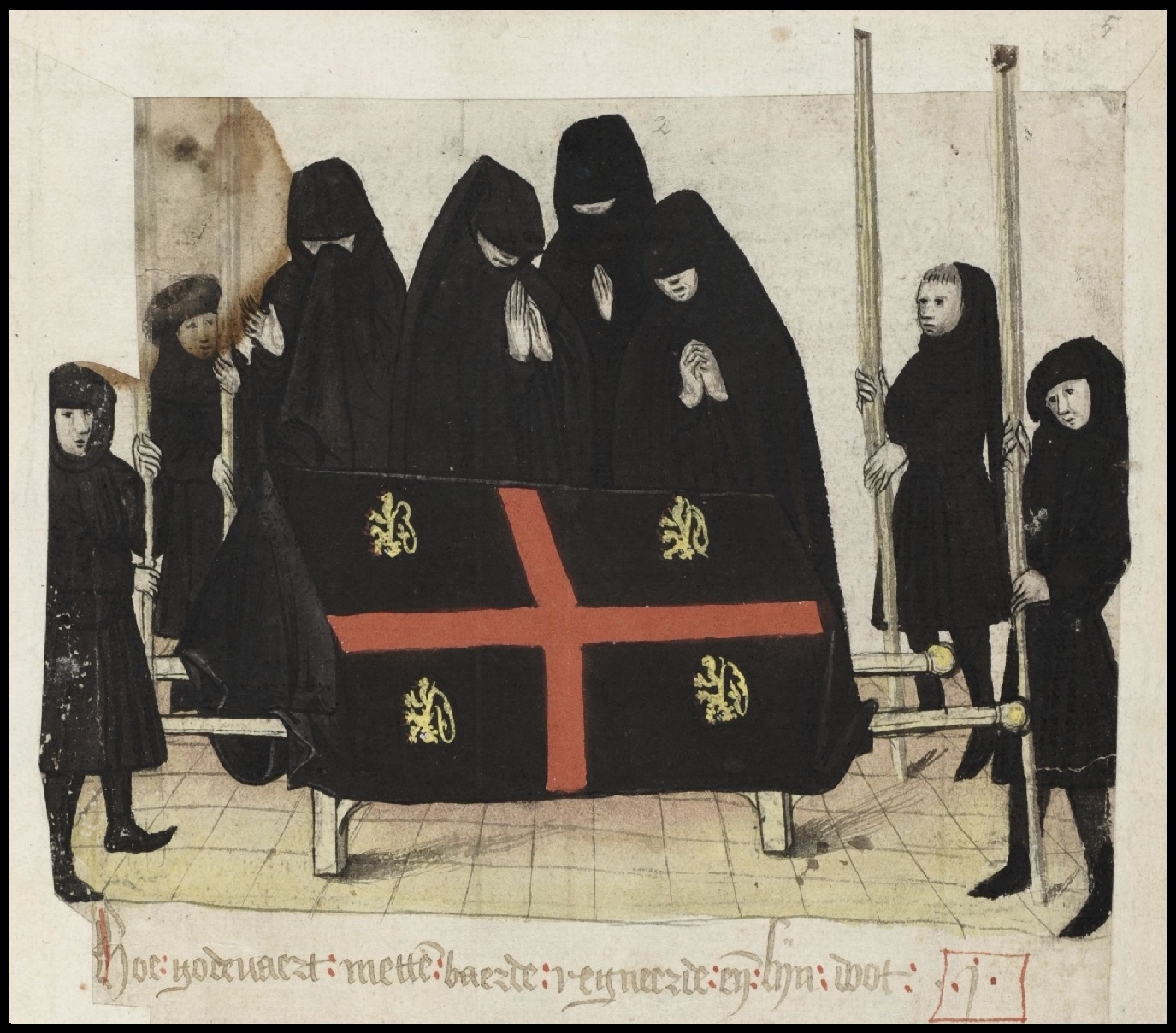 mourners in black hooded smocks with draped coffin