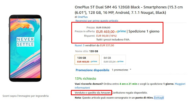 Amazon Prime Day: OnePlus 5T 8/128 GB in offerta a 469 euro venduto e spedito da Amazon