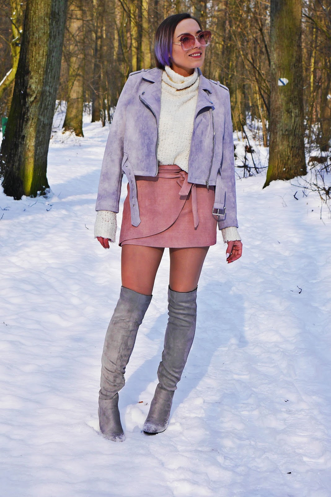 gray jacket pink skirt high knee shoes white sweater karyn blog modowy zaful