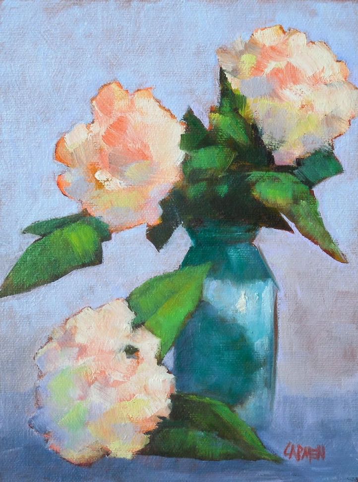 Carmen Beecher White Hydrangeas, 6x8 Oil on Canvas Panel, Floral Painting