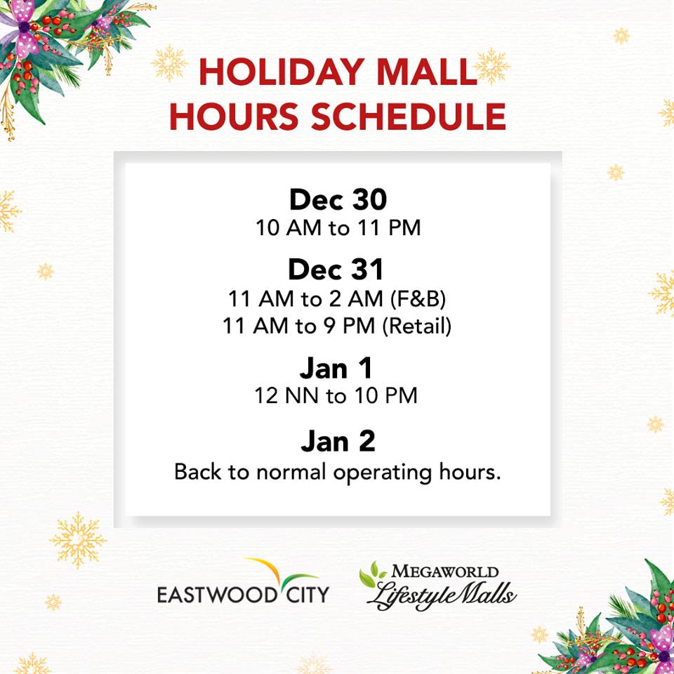 Manila Shopper Holiday 2018 Schedule of Malls, Supermarkets, Theme Parks