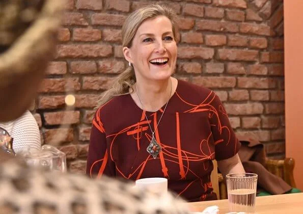 The Countess of Wessex wore a new print midi dress by Victoria Beckham at GBDE event for refugee community