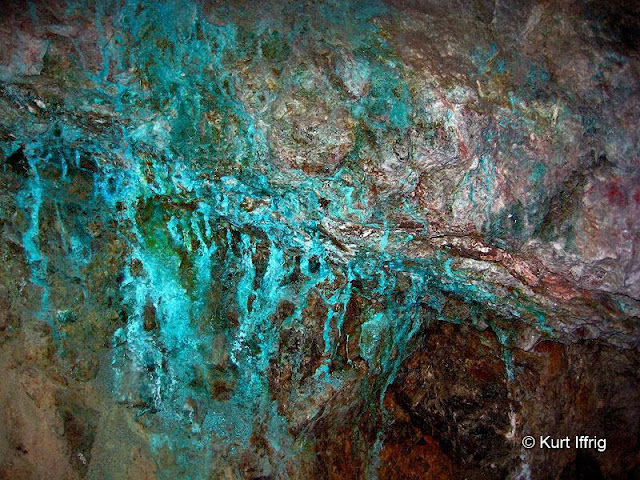 The Kelsey Mine has copper oxide leeching from rocks on the inside.