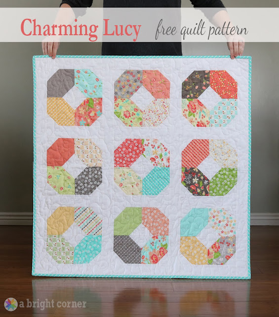 "Charming Lucy" is a Free Charm Pack Quilt Pattern designed by Andy from A Bright Corner!
