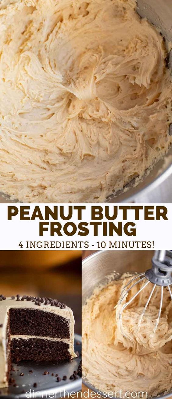 Peanut Butter Frosting is rich and creamy, made with ONLY 4 pantry ingredients and ready in under 10 minutes! #frosting #peanutbutter #dessert #cake #buttercream #recipe #dinnerthendessert