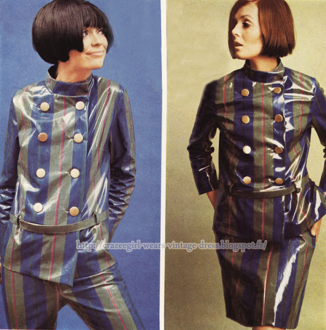 Raincoat - 1966 pants skirt suit  vinyl pvc rain coat 60s 1960 striped stripe