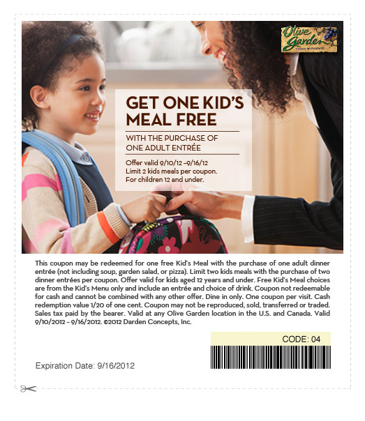 Arizona Families Olive Garden Kids Meal Free Coupon + Free Appetizer Offer
