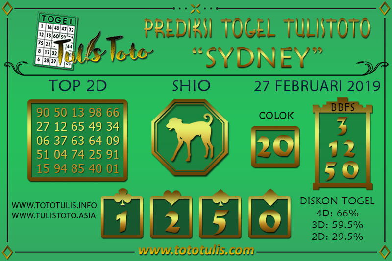 Prediksi Togel SYDNEY TULISTOTO 27 FEBRUARI 2019