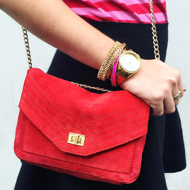 Gold Timex Miami Watch and red suede Petite Mendigote handbag - London fashion blogger Emma Louise Layla