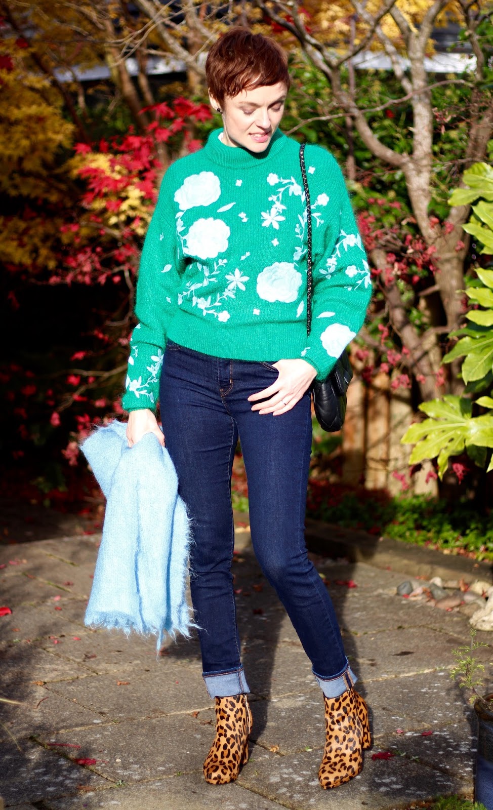 H&M green embroidered mohair jumper, Levis Jeans, Miss KG leopard boots | Fake Fabulous 