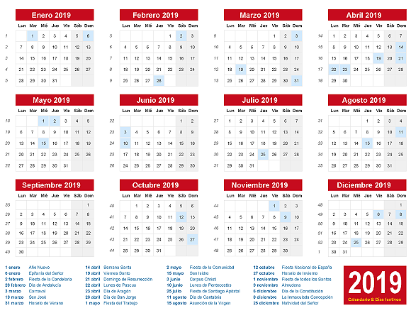 Calendario 2019 con dias festivos de España