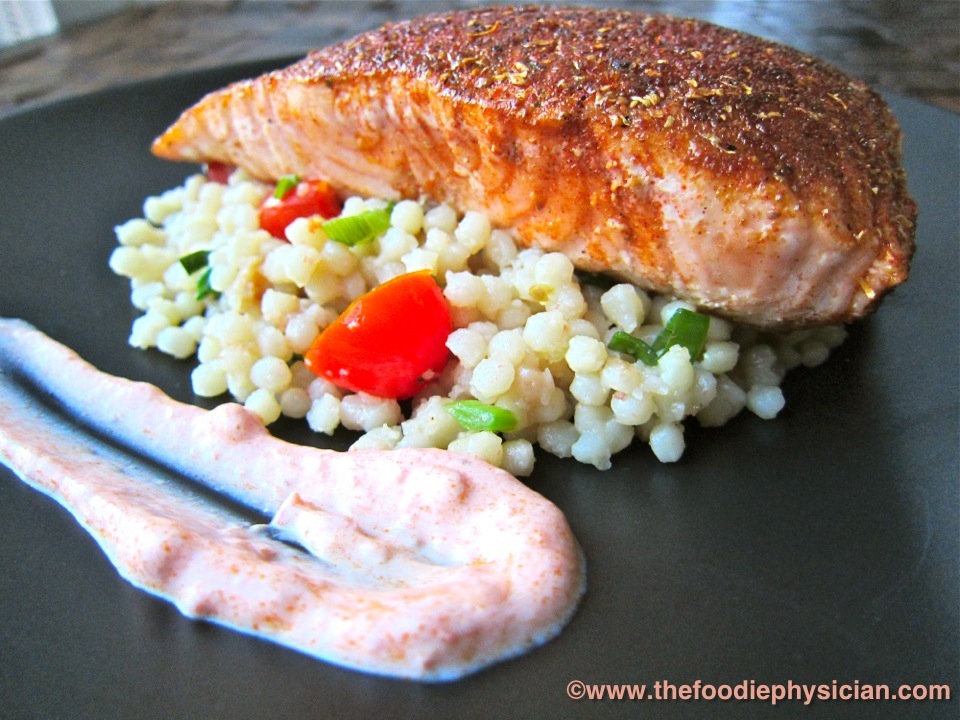 Moroccan Spiced Salmon with Harissa Yogurt and Pearl Couscous