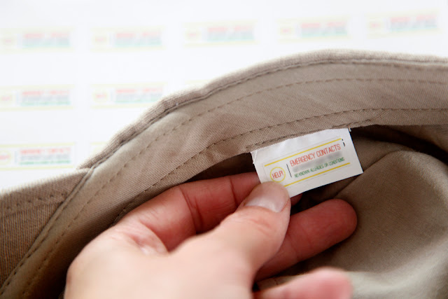 Emergency Preparedness: Carrying Emergency Contacts Emergency contact label attached to tag inside cap