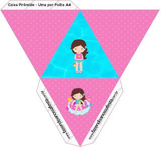 Fiesta en la Piscina para Niña Morena: Cajas para Imprimir Gratis. Caja con forma de pirámide de Fiesta en la Piscina para Niña Morena.