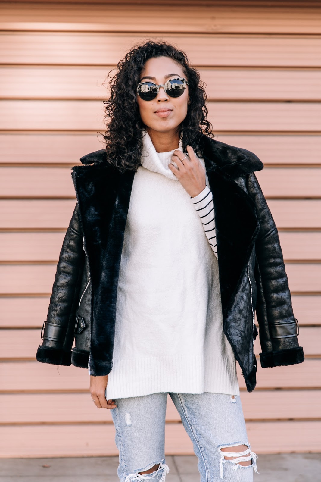 pancake stacker pancakestacker blog; #ootd; outfit; boohoo faux shearling aviator jacket; retro super future sunglasses; Levi's wedgie distressed denim; everlane day heel