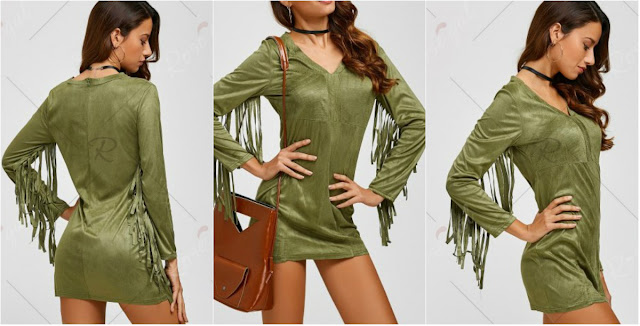 Suede Plunge Dress with Fringe - Army Green