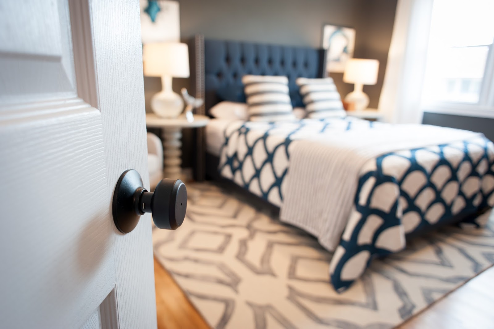 Close up of door knob of beachy bedroom