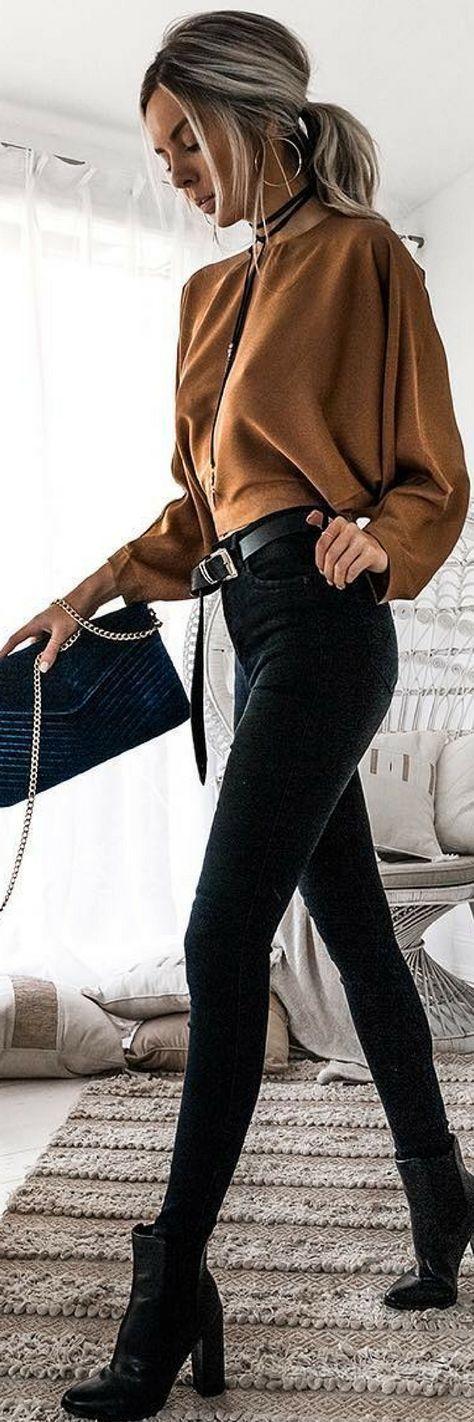Fashionable Outfits: Women's brown long-sleeve crew-neck shirt and