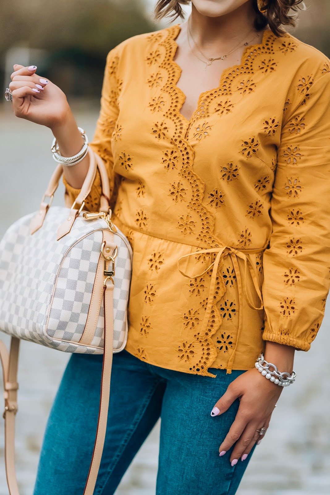 Yellow Scallop Eyelet Wrap Top for Spring + My New Favorite Jeans  - Something Delightful Blog