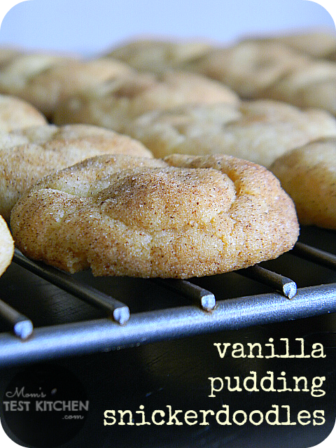 soft baked vanilla pudding snickerdoodle cookies cooling on a rack