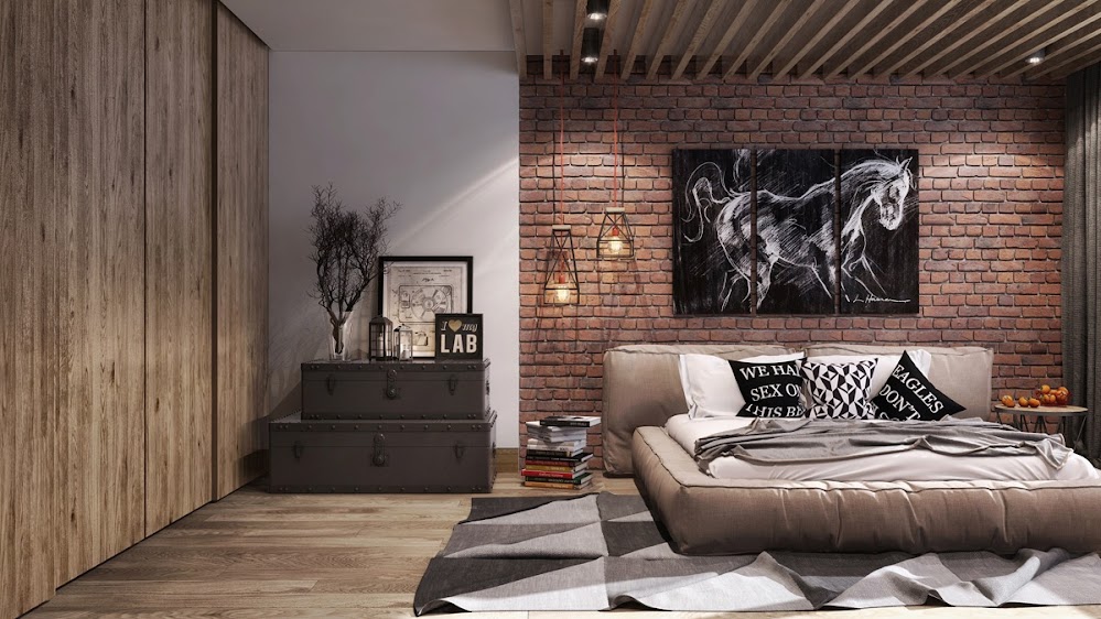 exposed-brick-wall-industrial-bedroom-furniture