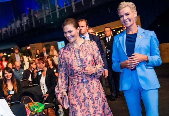 Crown Princess Victoria wore H&M print silk dress from H&M conscious exclusive, at EAT Stockholm Food Forum 2019