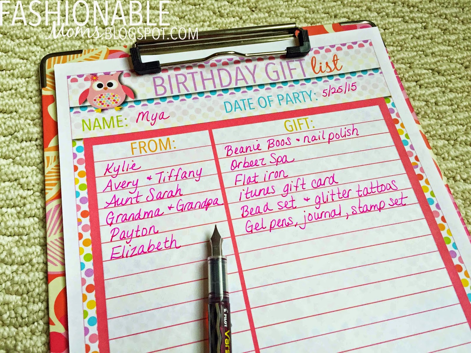 My Fashionable Designs Free Printable Birthday Gift Tracking Sheets