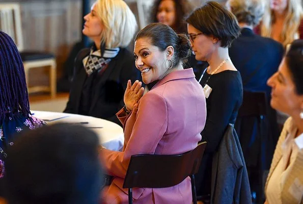 Crown Princess Victoria wore Rodebjer Nera Pink Blazer and Trousers and Xilla silk blouse, wore By Malene Birger pumps, Valentino shoulder bag