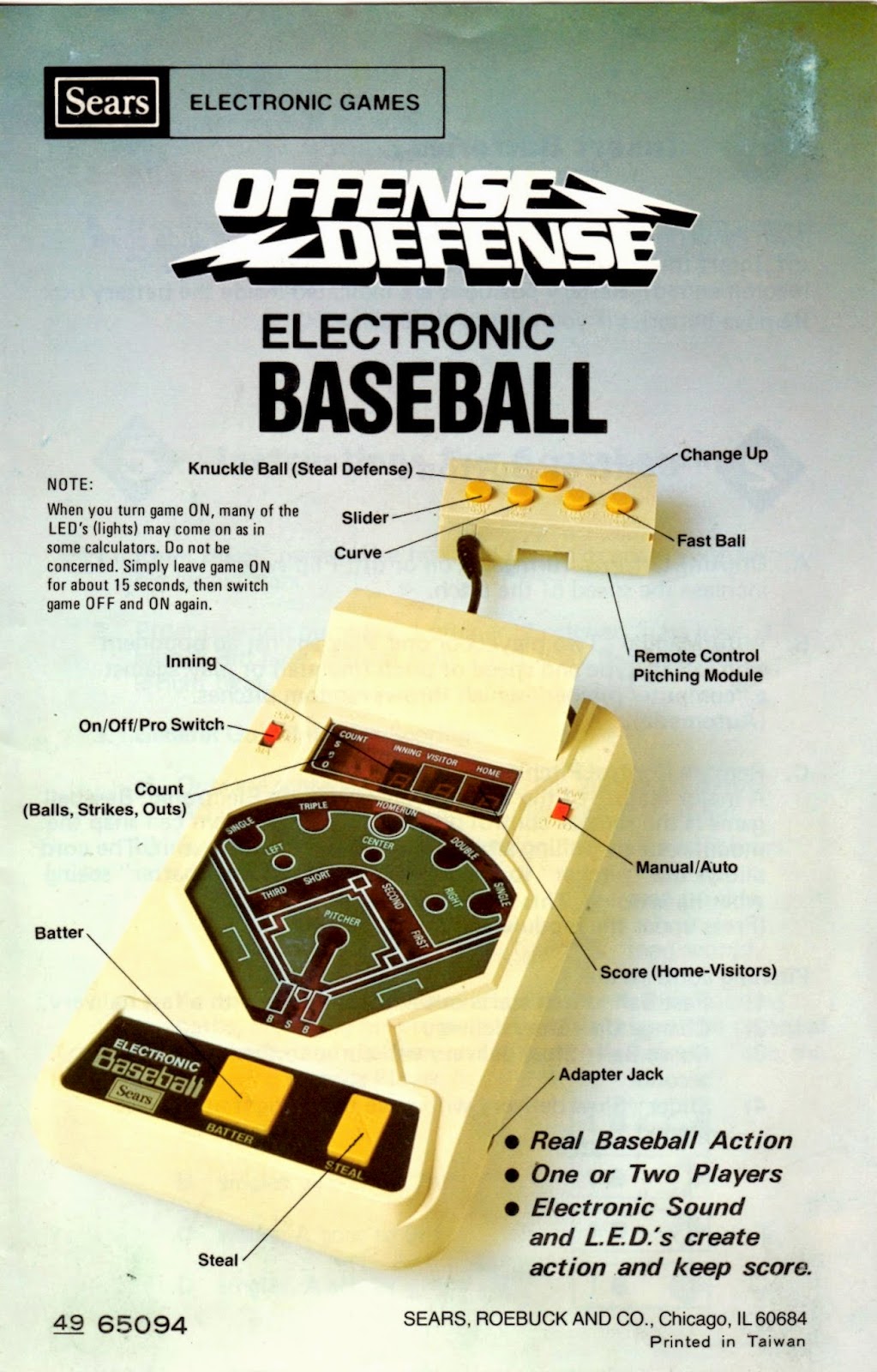 Electronic Baseball Sears Offense Defense Electronic Baseball