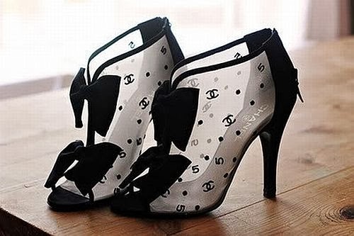 black Chanel transparent open toe boots with logo and bow