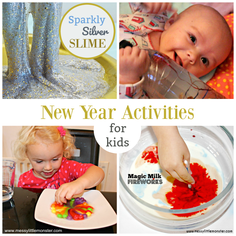 New Years Eve activities for kids. Includes firework activities, slime recipes, science experiments, sensory activities and family traditions.