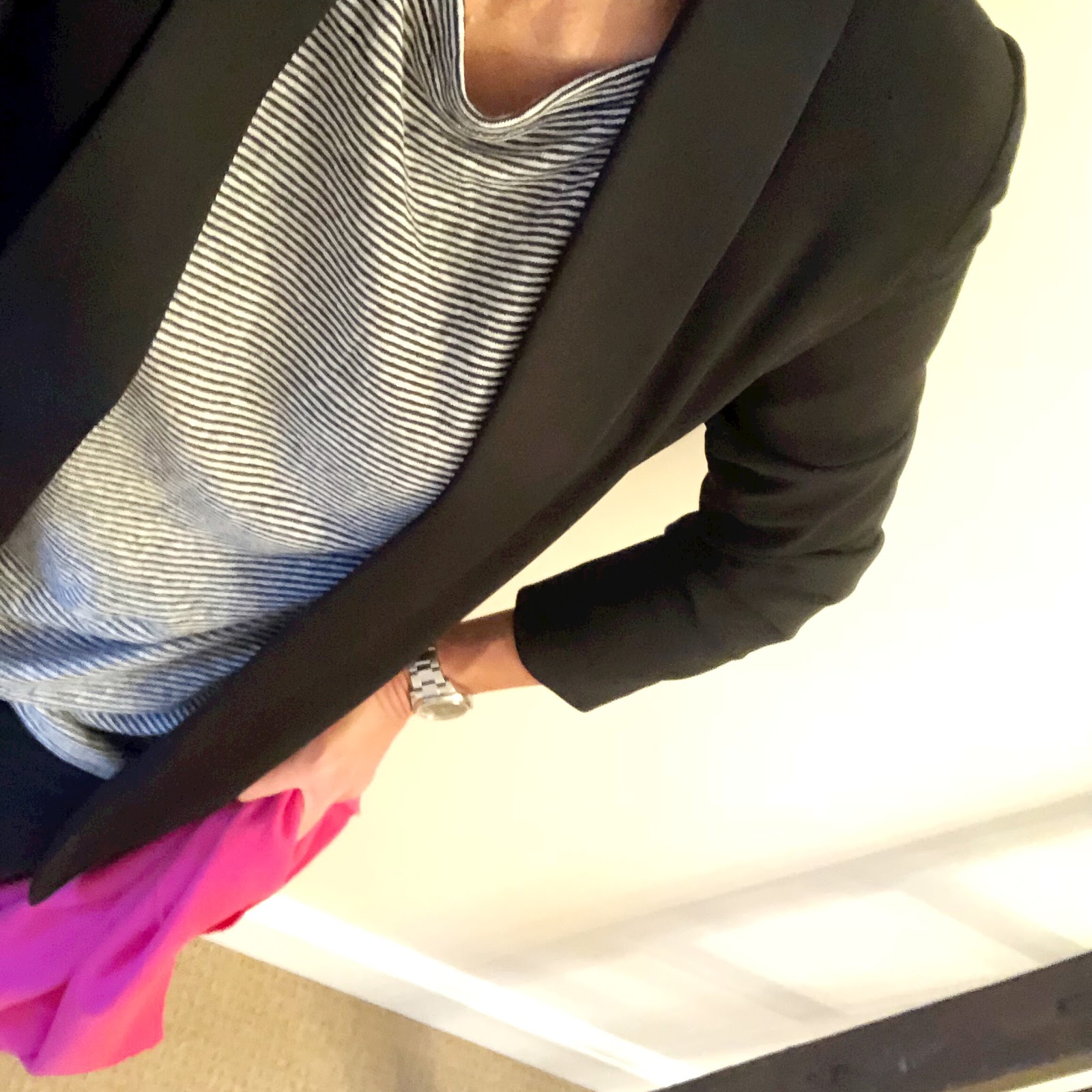 My midlife fashion, fenn wright manson darling tuxedo jacket, petit bateau boatneck stripe top, french connection cropped rebound kick flare jeans, golden goose glitter trainers, and other stories hot pink lambswool scarf