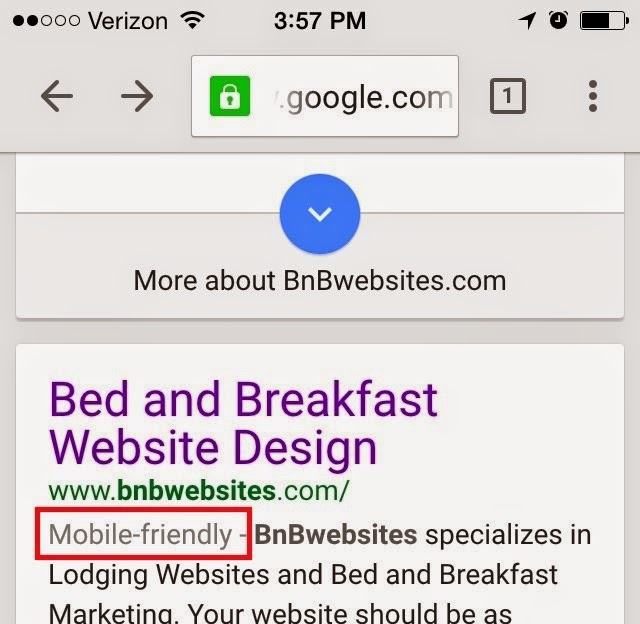 Screenshot of the Google Mobile-friendly label on the BnBwebsites.com listing