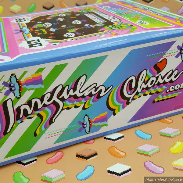 retro font branding on side of Irregular Choice ss20 box side of irregular choice shoe box with rainbow stripes and branding
