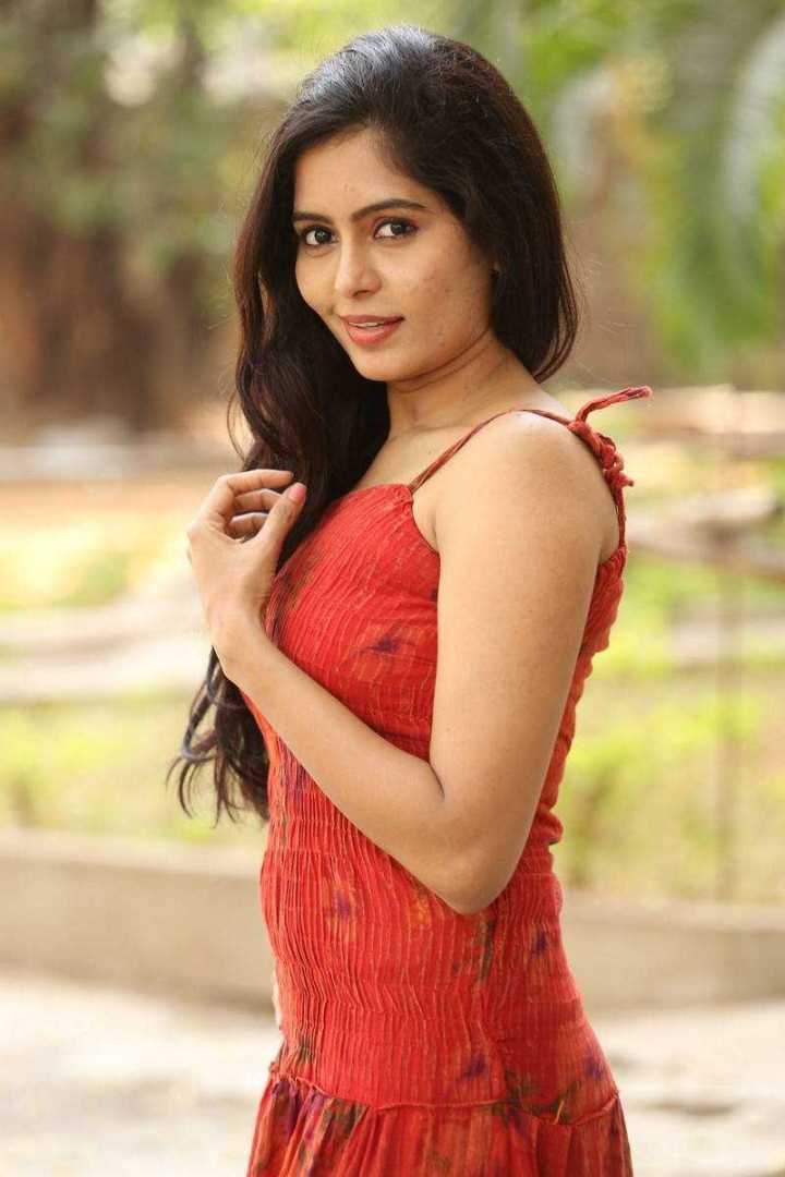 Beautiful Telugu Girl Madhumitha Long Hair In Mini Red Dress