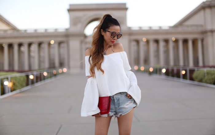 renamed off shoulder cut out top, off shoulder top, romantic off shoulder, chanel necklace, saint laurent clutch, one teaspoon denim shorts, giuseppe zanotti sandals, quay sunglasses, july4th outfit ideas, fourth of july outfit ideas, san francisco fashion blog, san francisco street style 